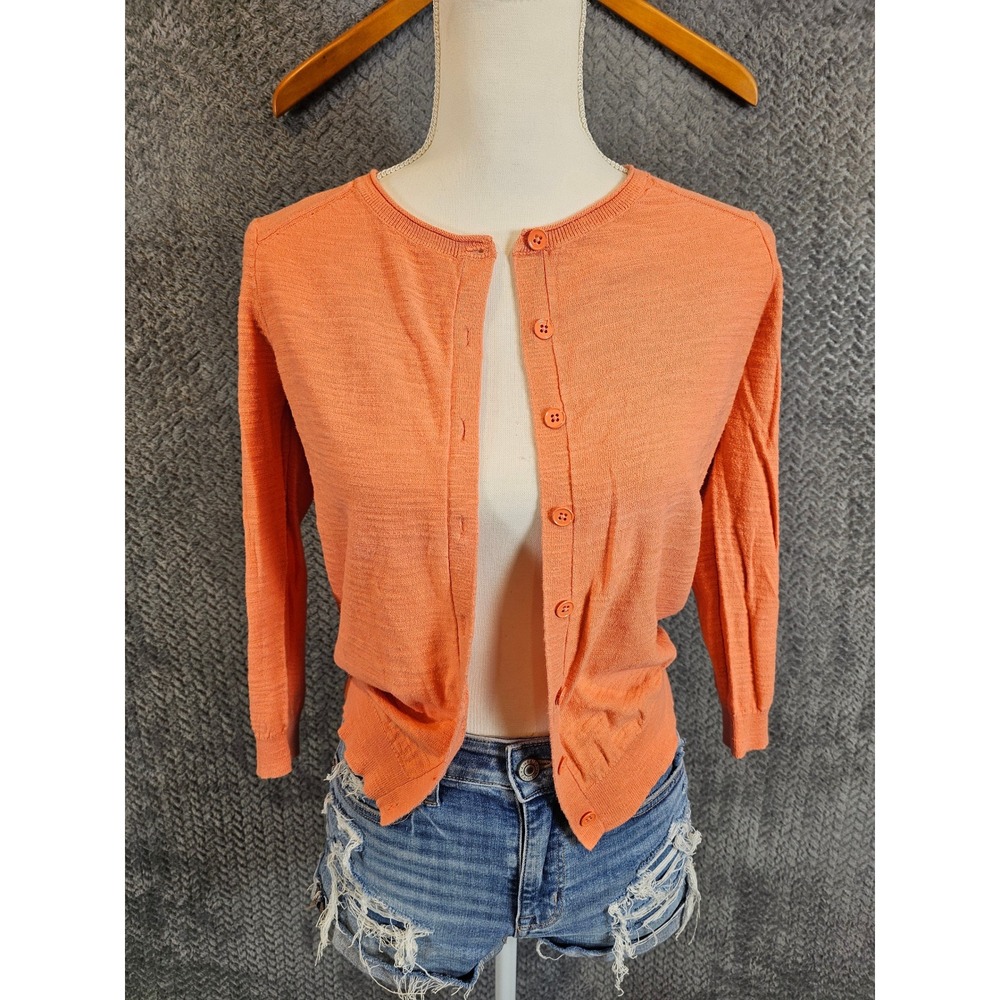 Ann Taylor LOFT Preppy Coral Orange 100% Cotton 3/4 Sleeve Cardigan Sweater S